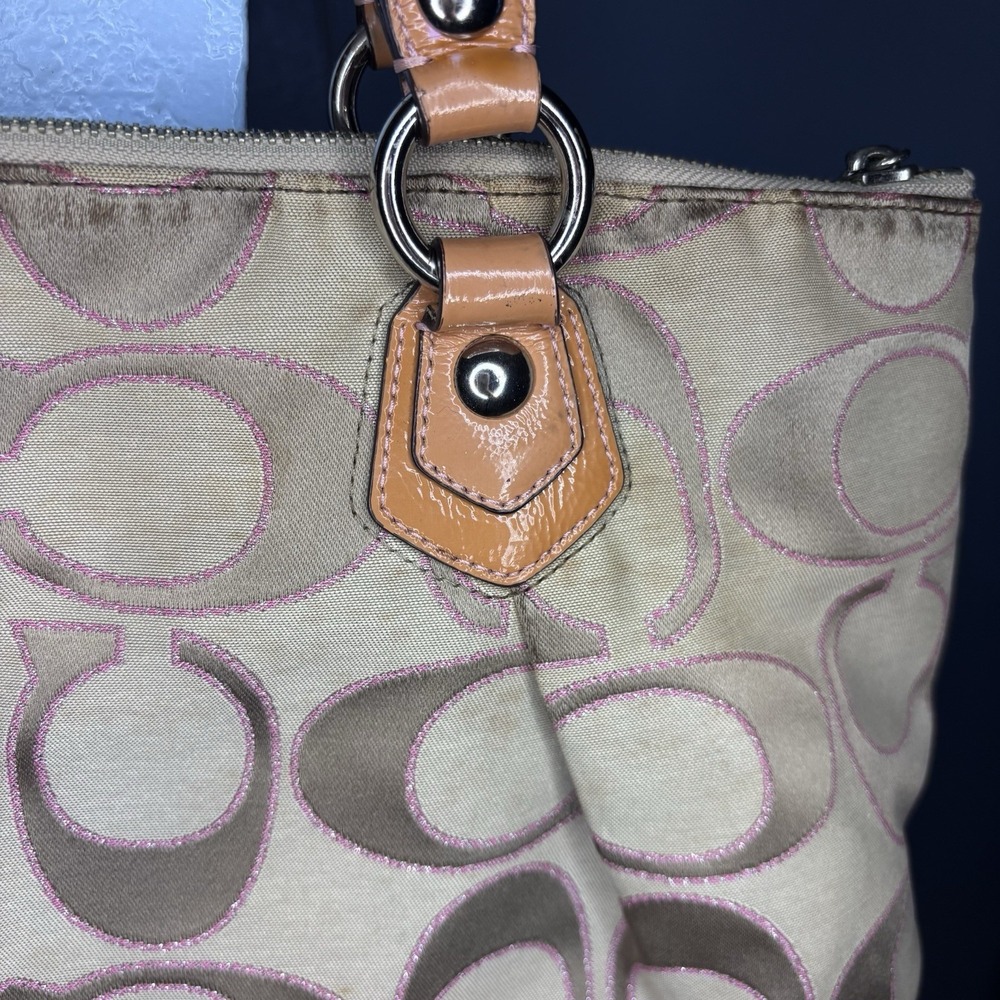 Coach Vintage Poppy Shoulder Bag Logo Beige Pink Glitter Sparkle jaquard - Picture 5 of 12